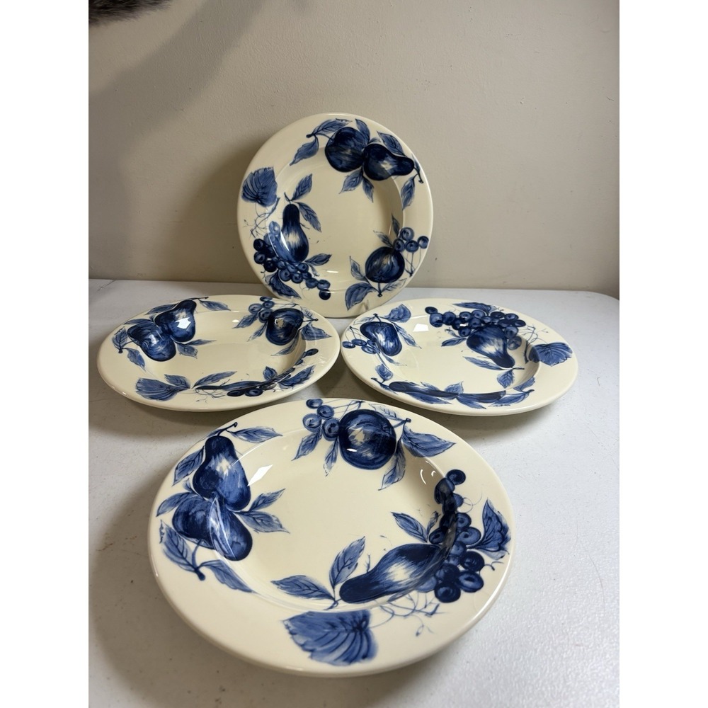 Pier 1 Melinda Cobalt Blue Fruit Earthenware Soup/Salad Bowls 9.3"Italy 4Pc NWOT